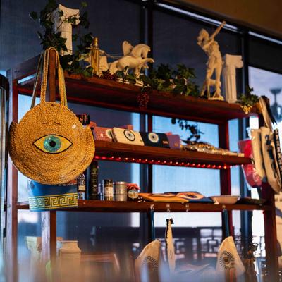 Interior, shelves with various restaurant merch