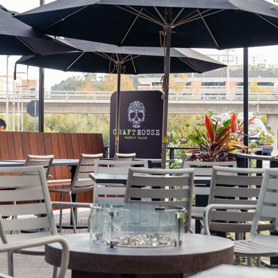 Exterior, seating area, tables covered with parasols.
