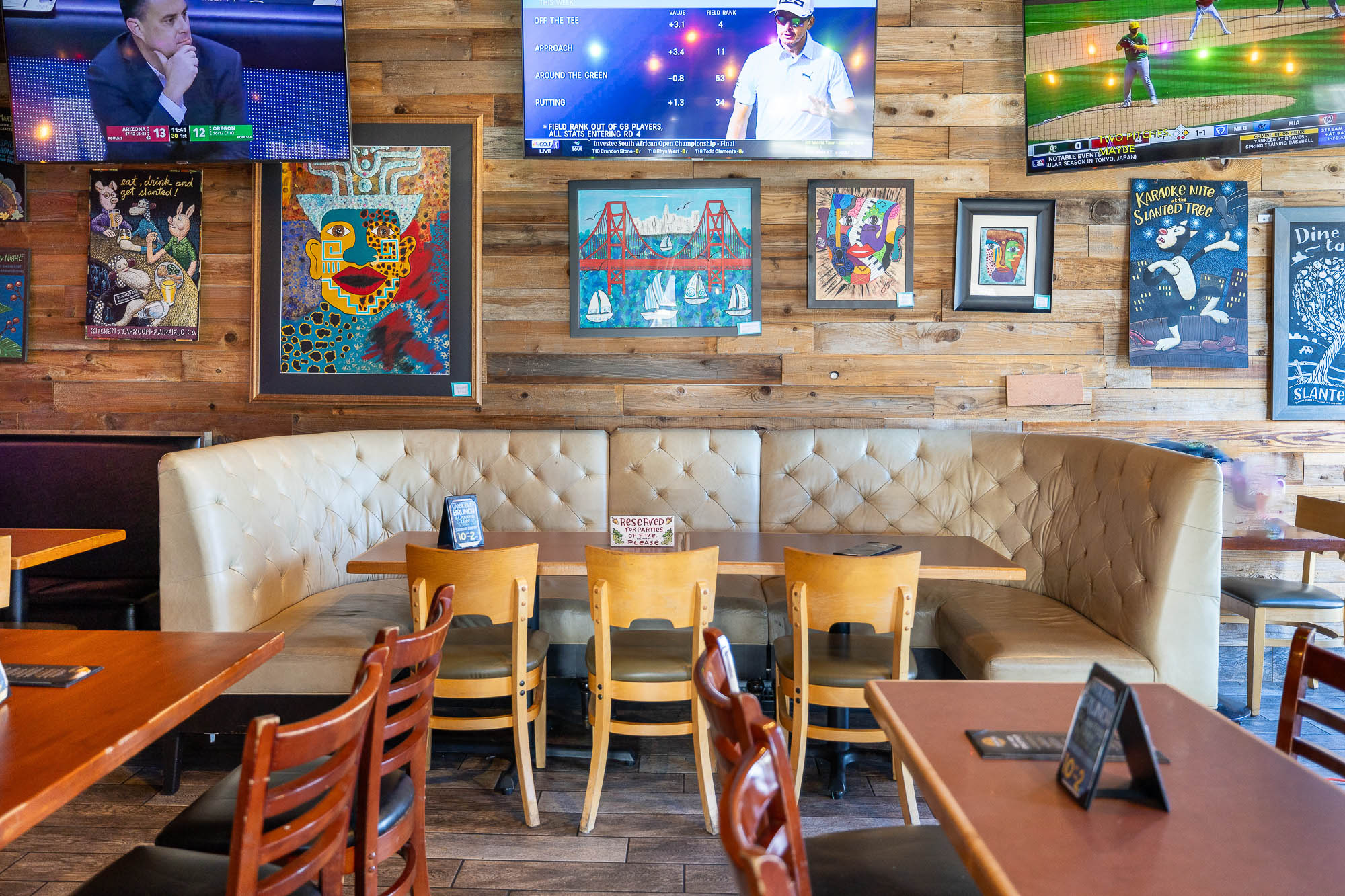 Tables, chairs, and upholstered benches