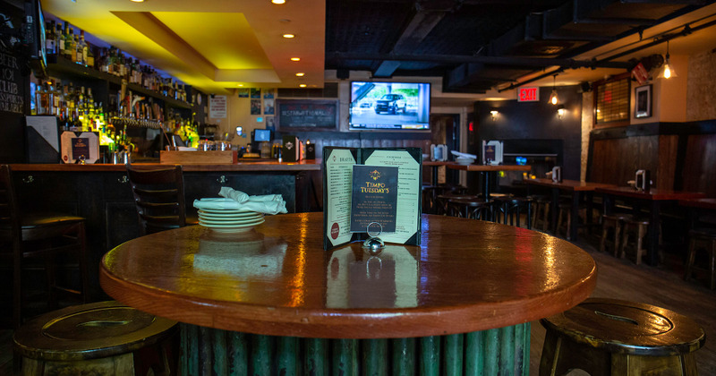 Round table, tv in the background