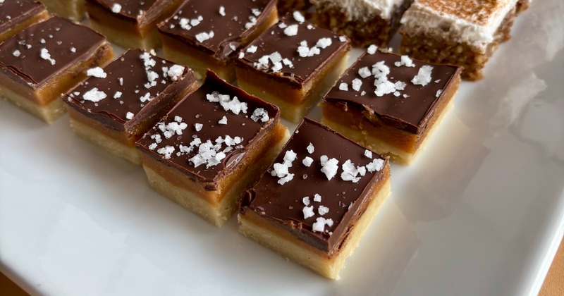 Salted Chocolate Carmel Bites and Cinnamon Delight Bites served on the plate