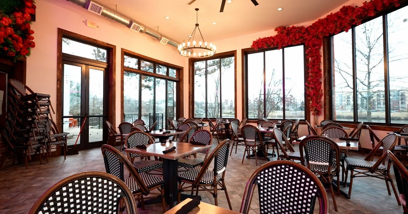 Interior, seating space, large windows