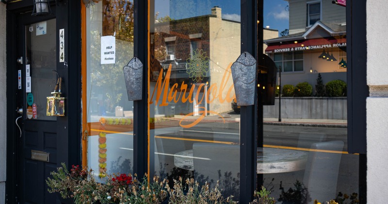 Exterior, entrance, sign on the glass door