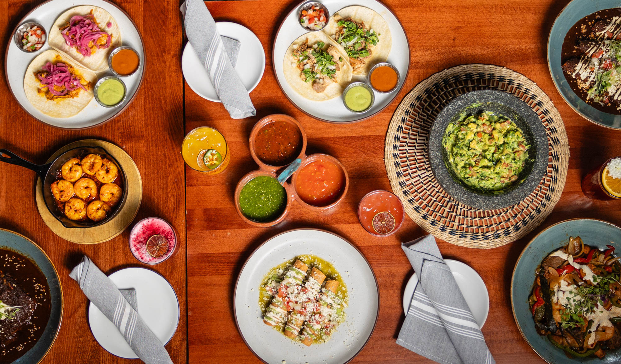 Various food and drinks, top view