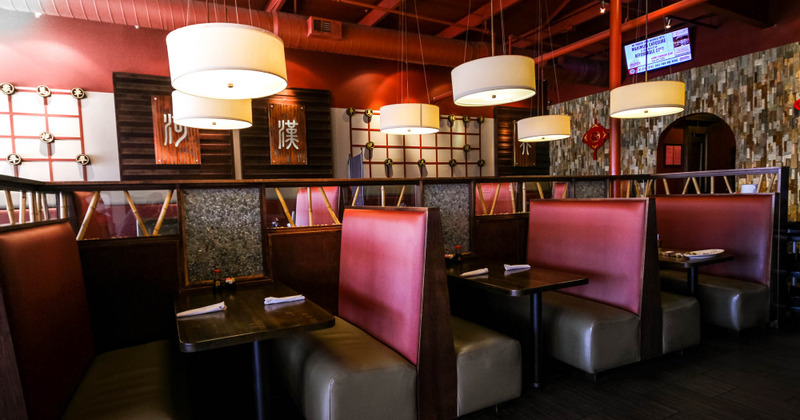 Interior, seating area, tables ready for guests