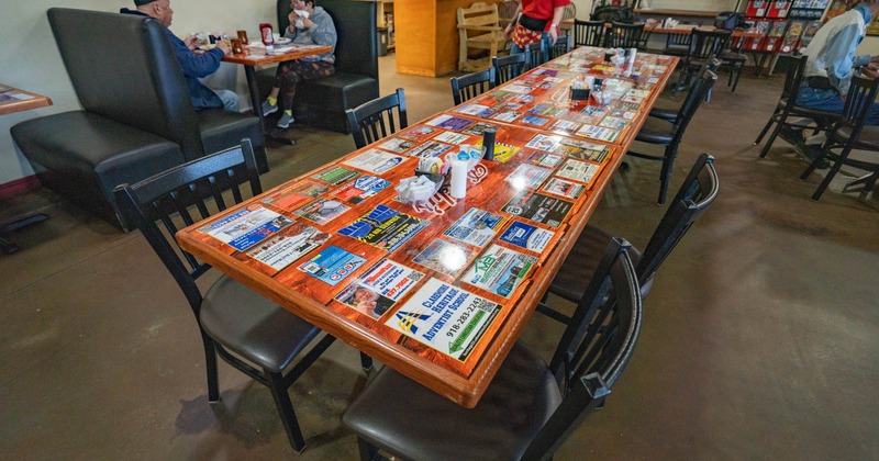 Interior, tables, seating booths and chairs