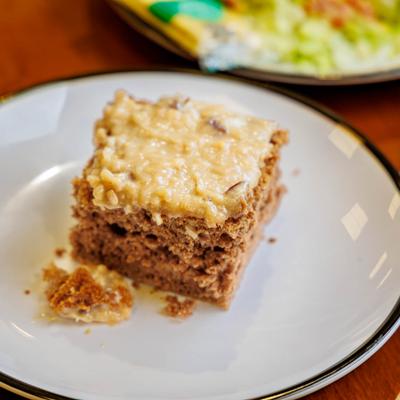 A piece of chocolate cake.