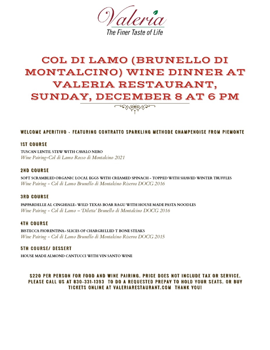 Col Di Lamo (Brunello Di Montalcino) Wine Dinner At Valeria Restaurant event photo