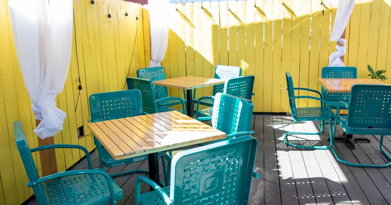 Exterior, seating area with table and chairs