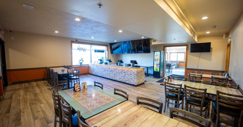 Interior, dining tables and chairs