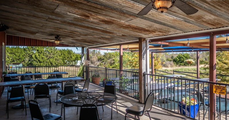 Covered patio area, tables for multiple people