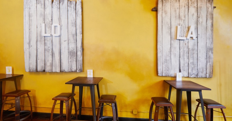 Interior, tables and stools by a wall