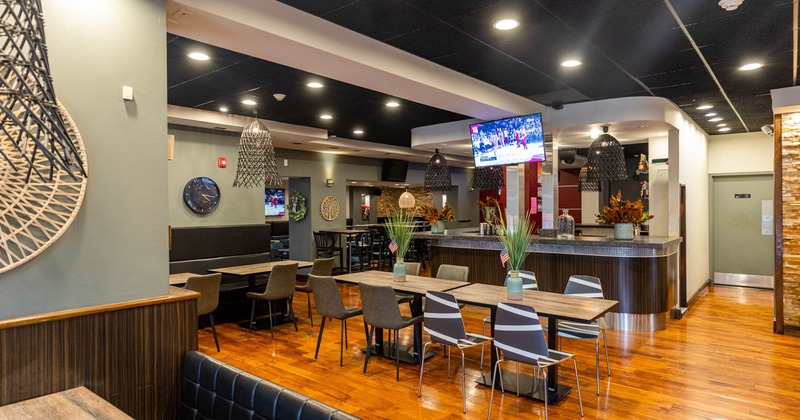 Interior, bar and seating area, TV screens, plants on the table
