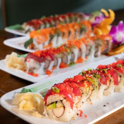 Assorted sushi rolls.