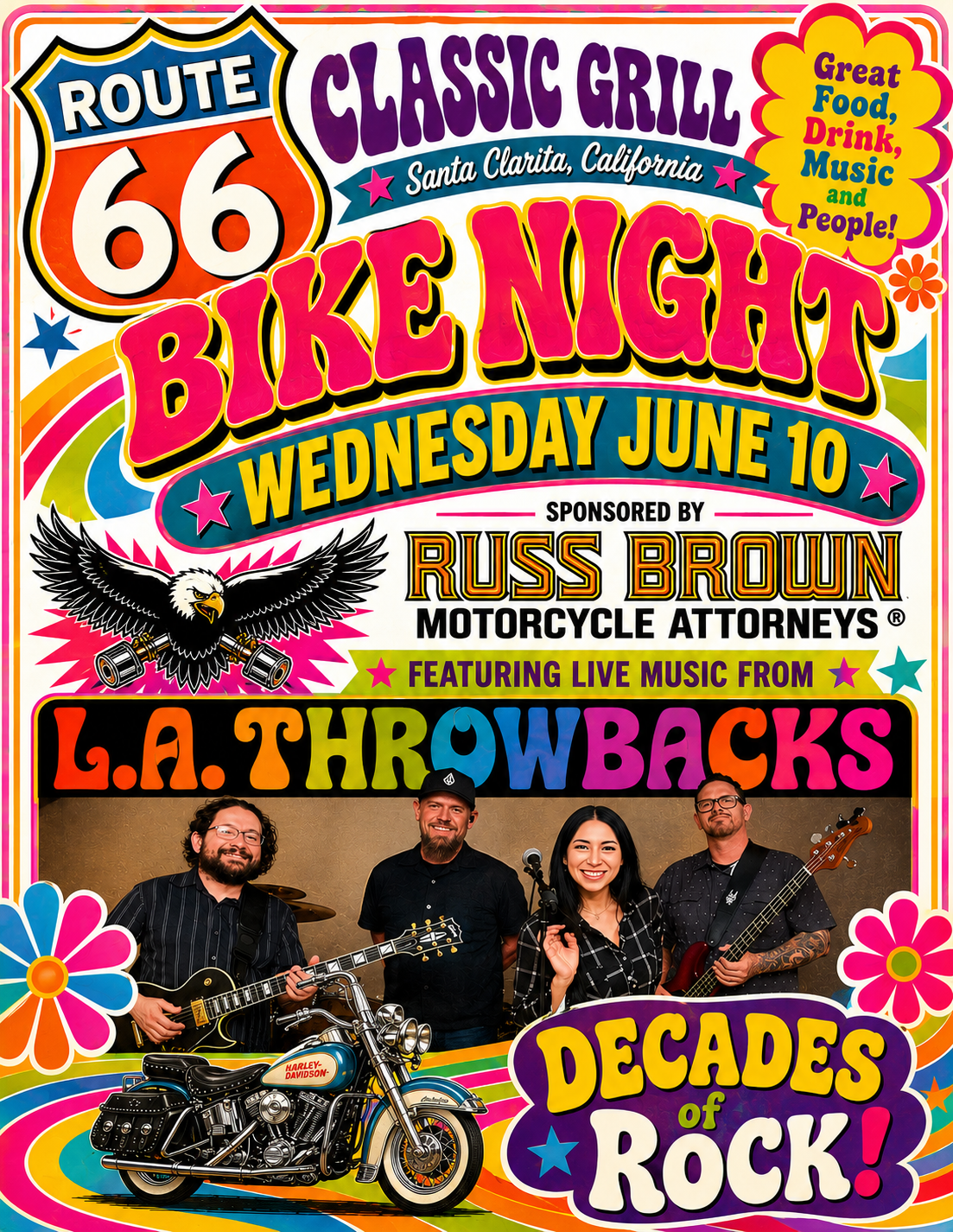 It's the Bike Night Wednesday June 10th featuring the band L.A. Throwback playing decades for Rock!