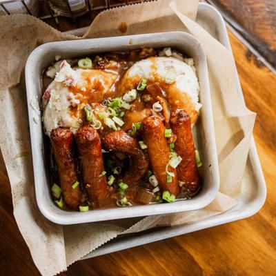 Bangers and mash, top view