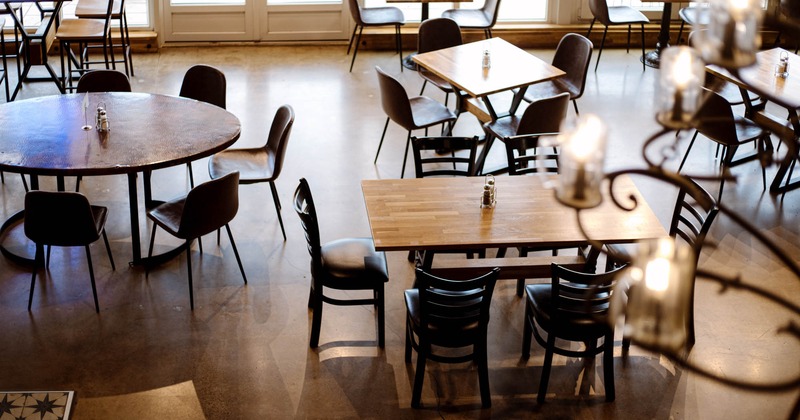 Interior, dining tables and seats