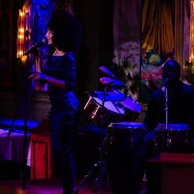 Performance scene with singer and artwork behind the stage.