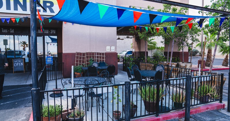 Exterior, covered patio, dining tables and chairs