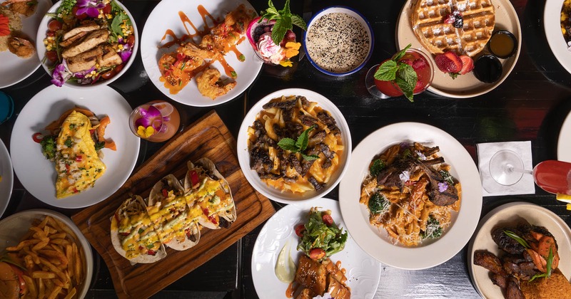 Various food on the table, top view