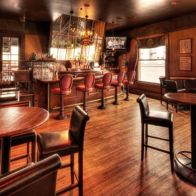 Bar room, back bar with high glass windows