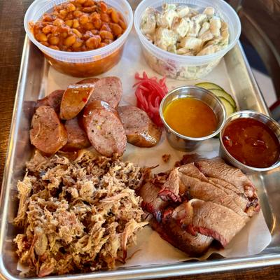 Pulled pork, smoked sausage & bbq brisket.