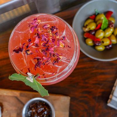 Thorne cocktail  and Marinated Olives, top view.