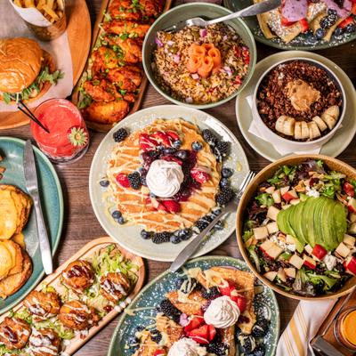 Food group served on a table, top view.