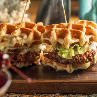 Fried chicken waffle sandwich.