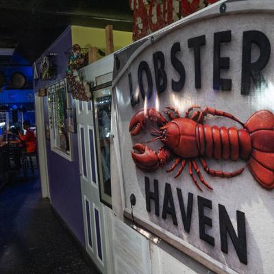 Interior, Lobster Haven sign with a large lobster.