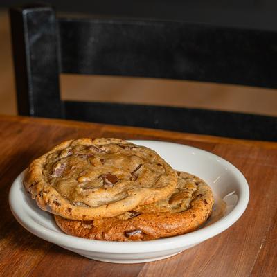 Two chocolate chip cookies.