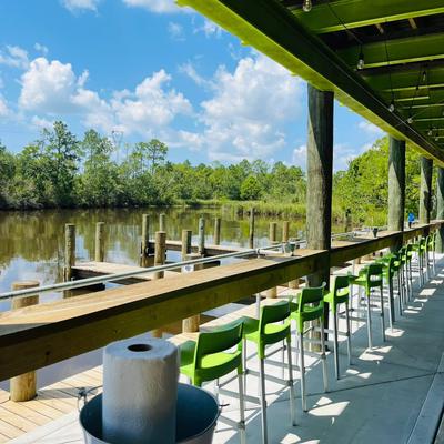 Wooden deck with a view of the river.