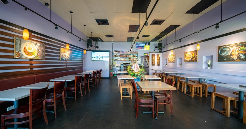 Interior, tables and chairs lined up