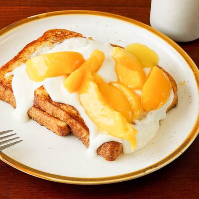 Peach and Cream Cheese Brioche French Toast.