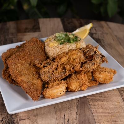 Asian Cajun Platter with fried catfish, fried shrimp and a side of fried rice.