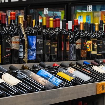 Assorted wine bottles.