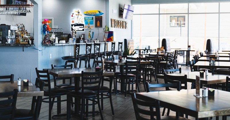 Interior, seating area with tables and chairs