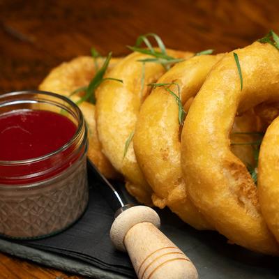 Onion rings and dip.