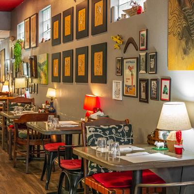 Interior, tables and seating, wall decor.