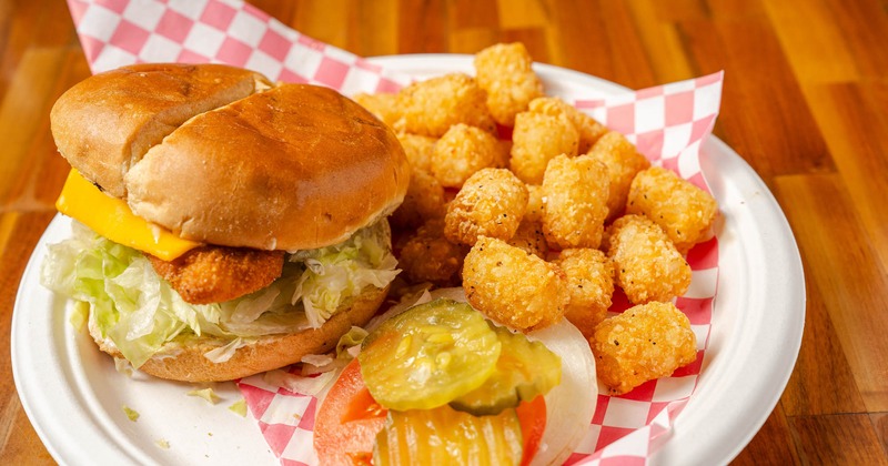 Fish sandwich and tater tots