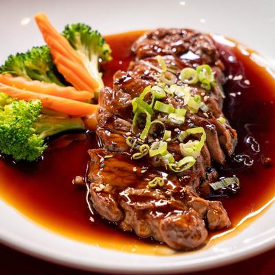 Served beef teriyaki.