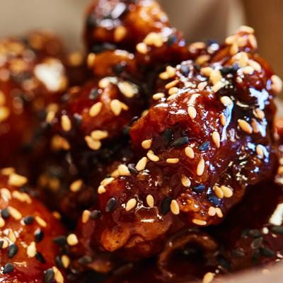 Close up of Korean fried chicken.