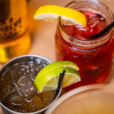 Group shot of assorted drinks, top view close up.