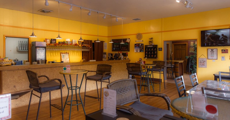 Interior, tables, chairs, lighting, counter