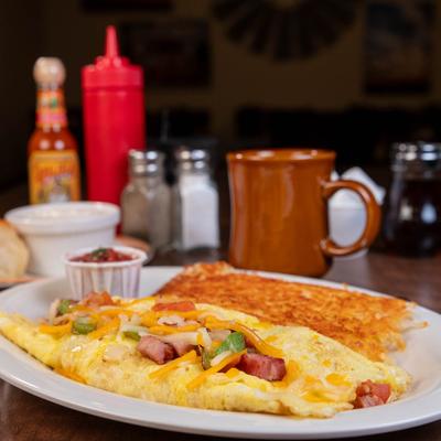Omelet and hash browns.