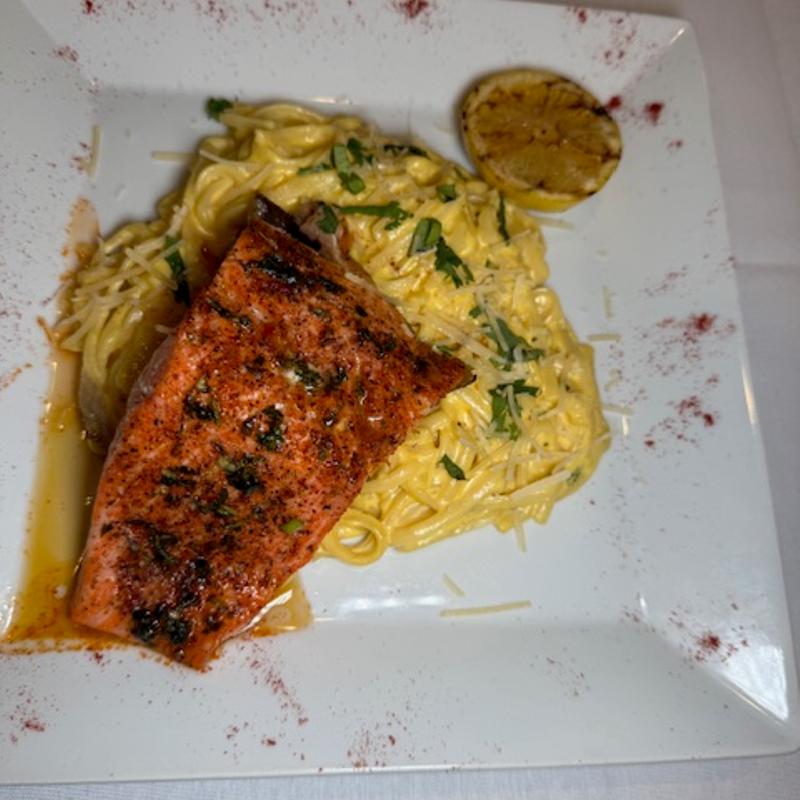 Pasta Huancaina With Baked Salmon photo