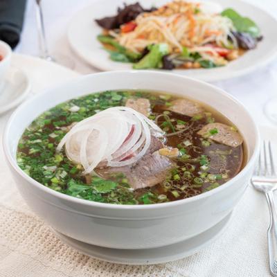 Pho Beef Noodle served in a bowl.