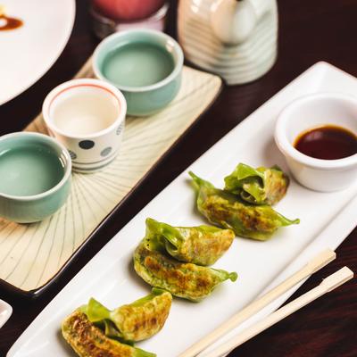 Grilled vegetable Gyoza dumplings, with soy sauce and saké