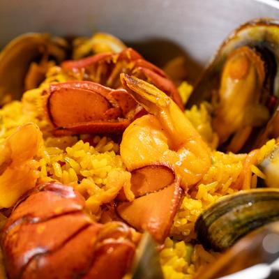Close-up view of seafood paella.