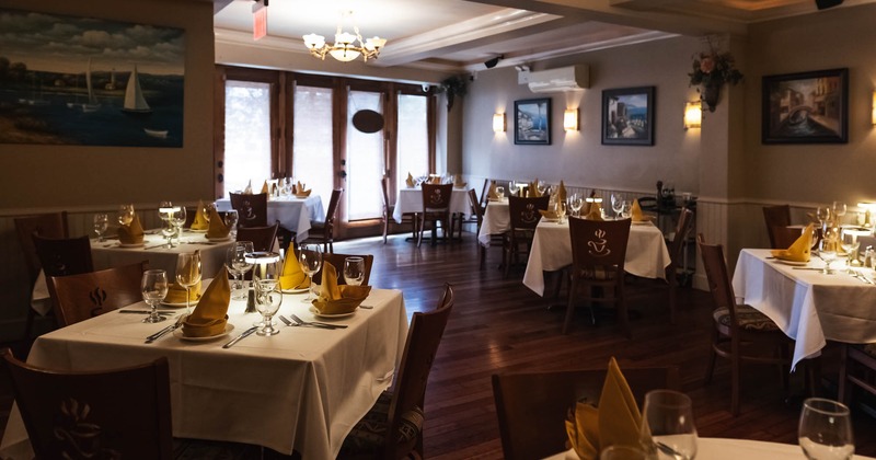 Dining area, tables with tableware